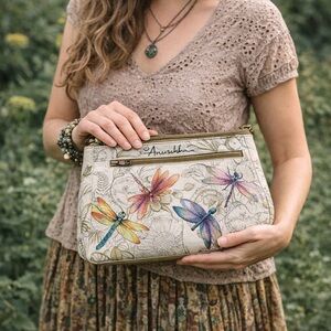 Anuschka Hand Painted Dragonfly Leather Shoulder Bag Floral Artisan Purse